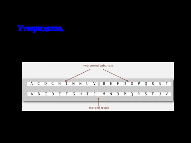 Анализ сортировки слиянием: память Утверждение. Сортировка слиянием использует дополнительную память