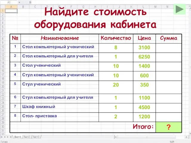 Найдите стоимость оборудования кабинета