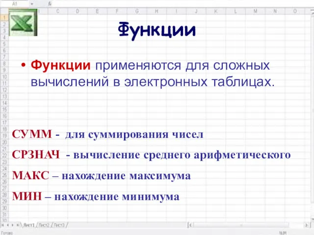 Функции Функции применяются для сложных вычислений в электронных таблицах. СУММ