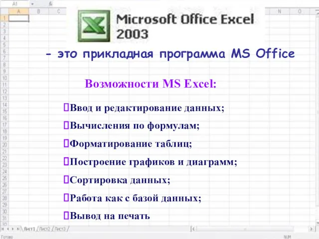 - это прикладная программа MS Office Возможности MS Excel: Ввод