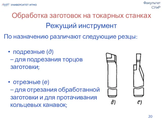 Обработка заготовок на токарных станках Режущий инструмент По назначению различают