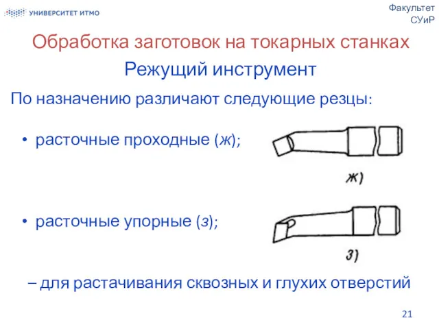 Обработка заготовок на токарных станках Режущий инструмент По назначению различают