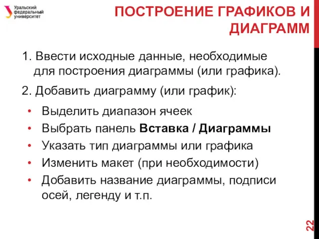 ПОСТРОЕНИЕ ГРАФИКОВ И ДИАГРАММ 1. Ввести исходные данные, необходимые для