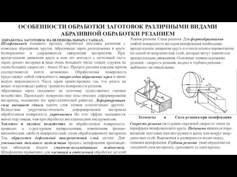 ОСОБЕННОСТИ ОБРАБОТКИ ЗАГОТОВОК РАЗЛИЧНЫМИ ВИДАМИ АБРАЗИВНОЙ ОБРАБОТКИ РЕЗАНИЕМ ОБРАБОТКА ЗАГОТОВОК