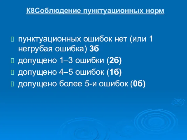 К8Соблюдение пунктуационных норм пунктуационных ошибок нет (или 1 негрубая ошибка)