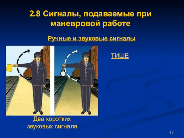 2.8 Сигналы, подаваемые при маневровой работе Ручные и звуковые сигналы ТИШЕ Два коротких звуковых сигнала