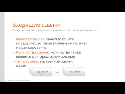 Входящие ссылки Входящие ссылки – фундаментальный фактор ранжирования в сети Качество ссылок: качество