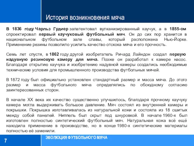 История возникновения мяча В 1836 году Чарльз Гудиер запатентовал вулканизированный