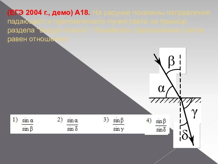 (ЕГЭ 2004 г., демо) А18. На рисунке показаны направления падающего и преломленного лучей