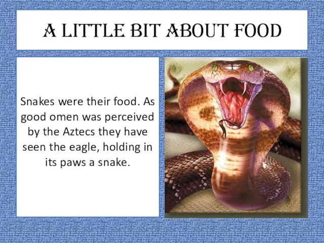 A little bit about food Snakes were their food. As