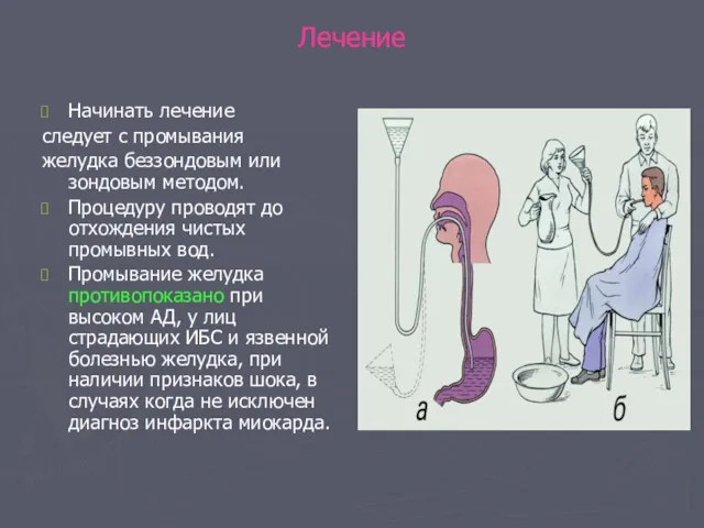 Лечение Начинать лечение следует с промывания желудка беззондовым или зондовым