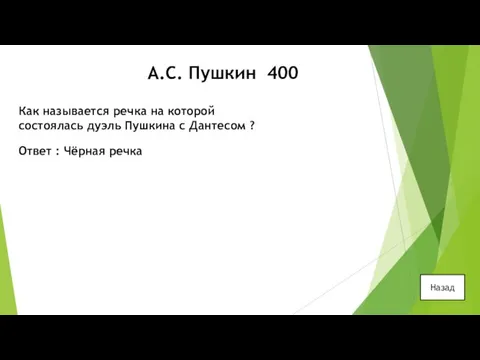 А.С. Пушкин 400 Как называется речка на которой состоялась дуэль