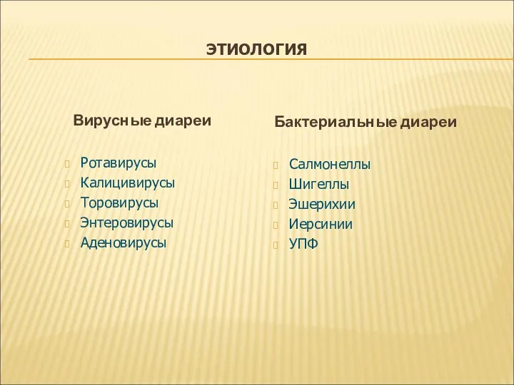 ЭТИОЛОГИЯ Вирусные диареи Ротавирусы Калицивирусы Торовирусы Энтеровирусы Аденовирусы Бактериальные диареи Салмонеллы Шигеллы Эшерихии Иерсинии УПФ