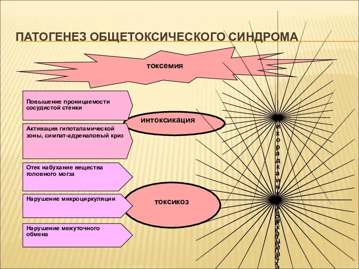 токсемия интоксикация Повышение проницаемости сосудистой стенки Активация гипоталамической зоны, симпат-адреналовый