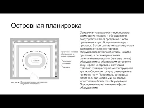 Островная планировка Островная планировка — предполагает размещение товаров и оборудования