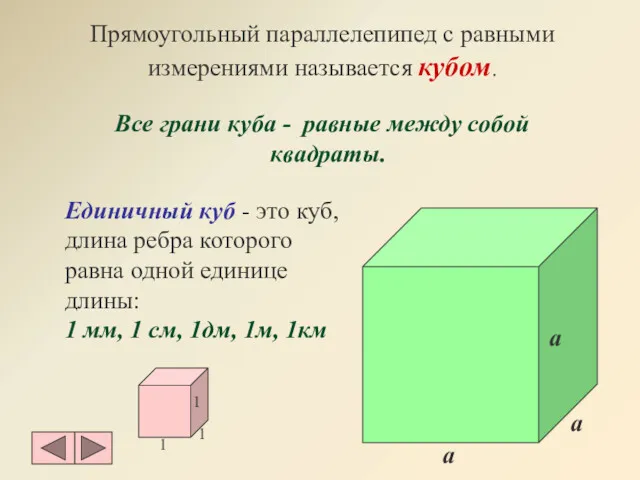 Прямоугольный параллелепипед с равными измерениями называется кубом. Все грани куба