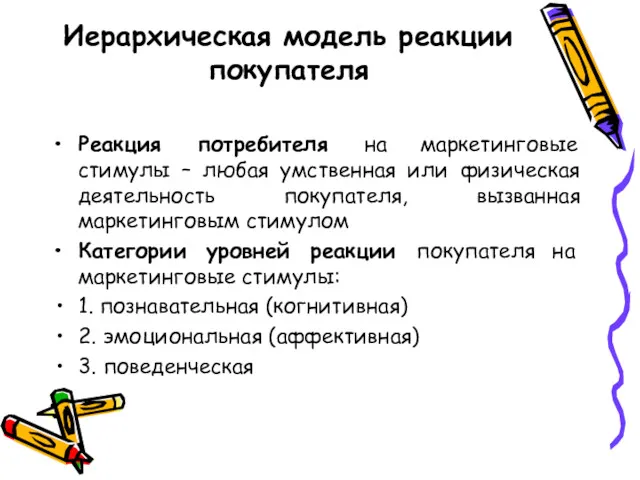 Иерархическая модель реакции покупателя Реакция потребителя на маркетинговые стимулы –