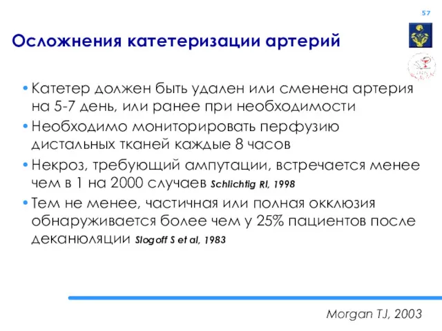 Осложнения катетеризации артерий Катетер должен быть удален или сменена артерия