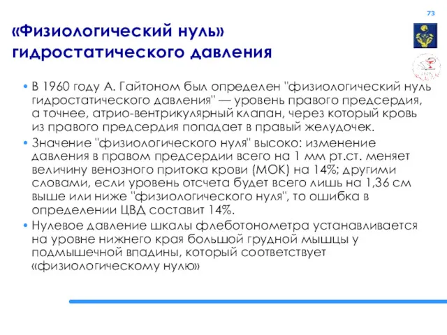 «Физиологический нуль» гидростатического давления В 1960 году А. Гайтоном был