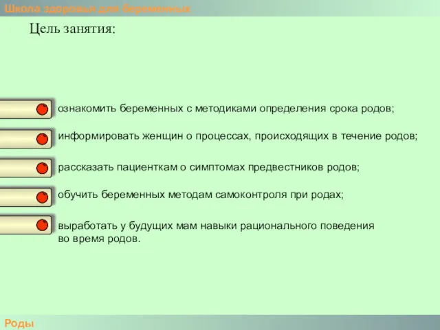 Школа здоровья для беременных Роды Цель занятия: ознакомить беременных с