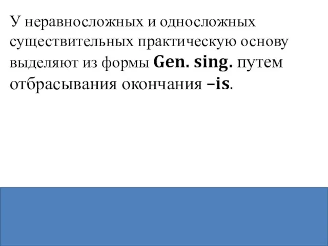 У неравносложных и односложных существительных практическую основу выделяют из формы Gen. sing. путем отбрасывания окончания –is.