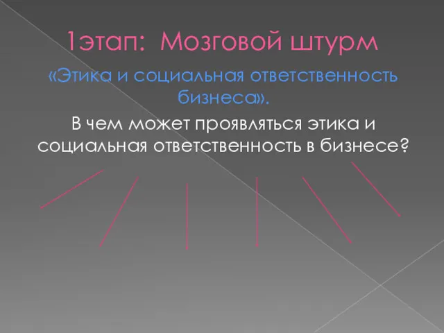 1этап: Мозговой штурм «Этика и социальная ответственность бизнеса». В чем может проявляться этика