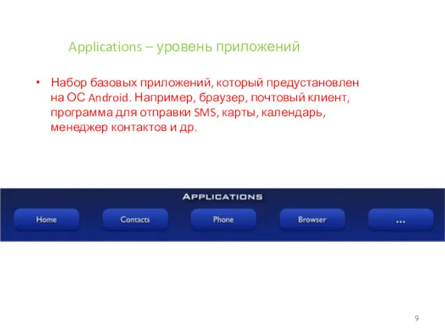 Applications – уровень приложений Набор базовых приложений, который предустановлен на