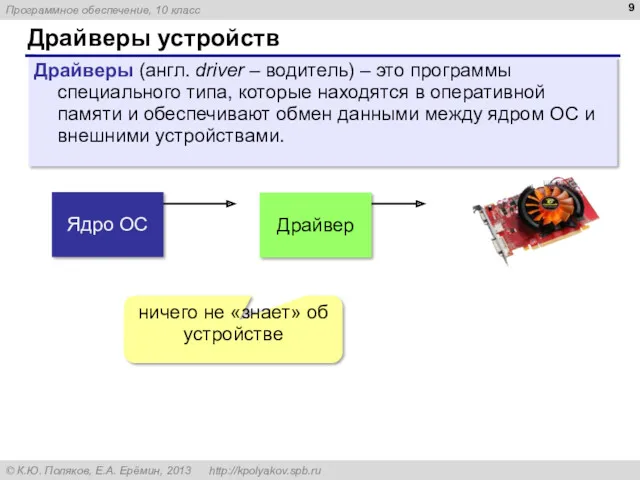 Драйверы устройств Драйверы (англ. driver – водитель) – это программы