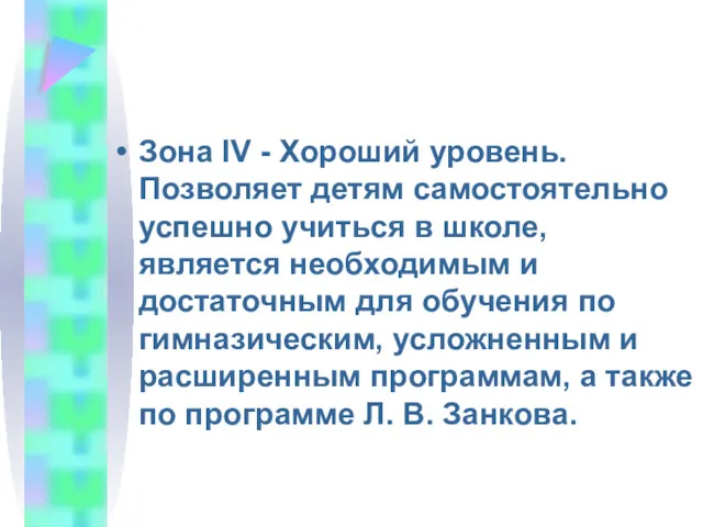 Зона IV - Хороший уровень. Позволяет детям самостоятельно успешно учиться