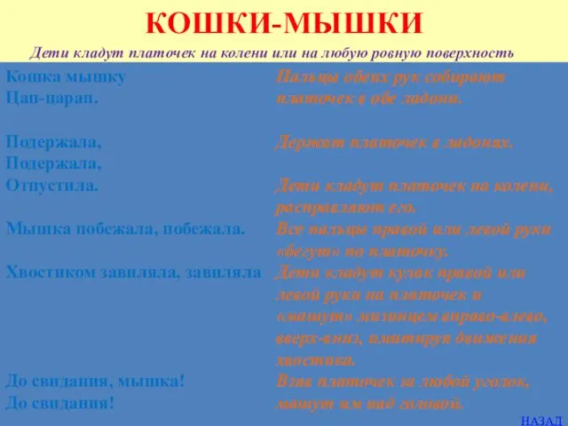 КОШКИ-МЫШКИ Дети кладут платочек на колени или на любую ровную поверхность