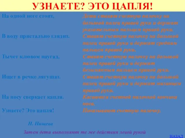 УЗНАЕТЕ? ЭТО ЦАПЛЯ! Затем дети выполняют те же действия левой рукой