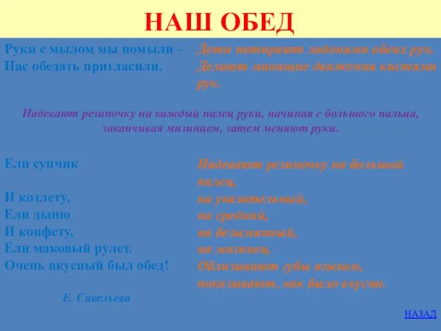 НАШ ОБЕД Надевают резиночку на каждый палец руки, начиная с