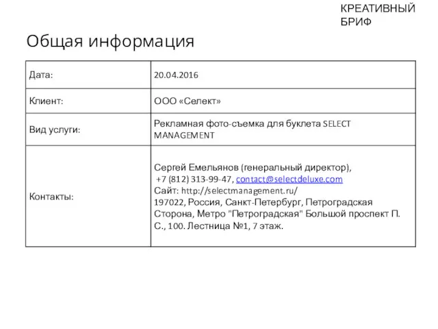 Общая информация КРЕАТИВНЫЙ БРИФ