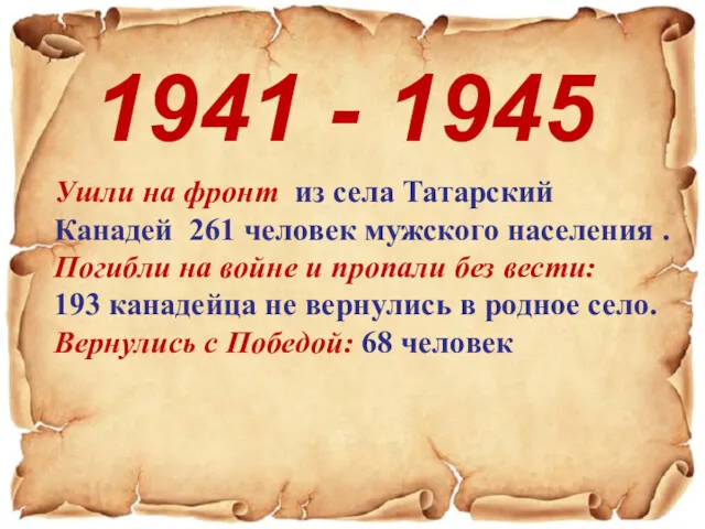 1941 - 1945 Ушли на фронт из села Татарский Канадей 261 человек мужского