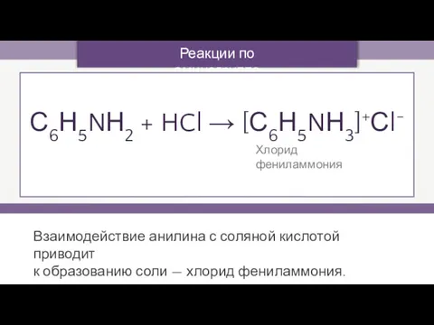 Реакции по аминогруппе Взаимодействие анилина с соляной кислотой приводит к образованию соли —