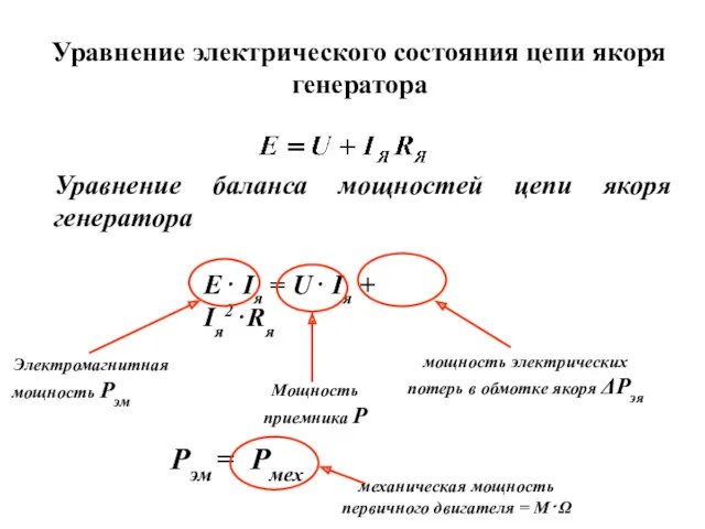 Уравнение электрического состояния цепи якоря генератора Уравнение баланса мощностей цепи