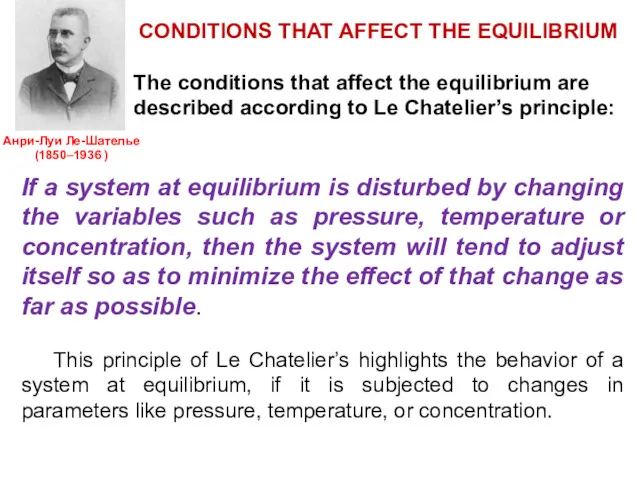CONDITIONS THAT AFFECT THE EQUILIBRIUM The conditions that affect the