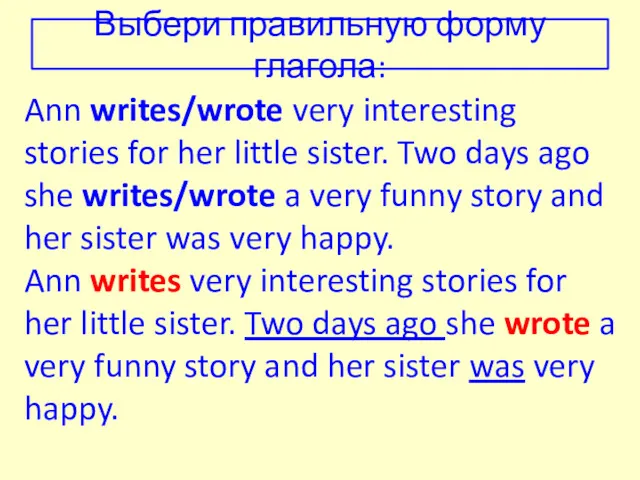 Ann writes/wrote very interesting stories for her little sister. Two