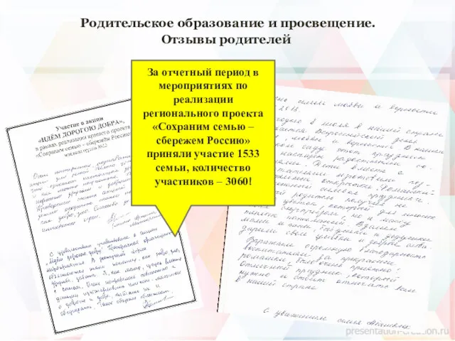 Родительское образование и просвещение. Отзывы родителей За отчетный период в