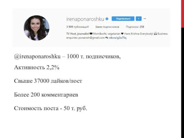 @irenaponaroshku – 1000 т. подписчиков, Активность 2,2% Свыше 37000 лайков/пост Более 200 комментариев