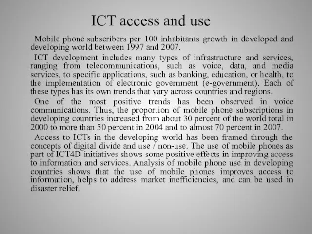 ICT access and use Mobile phone subscribers per 100 inhabitants