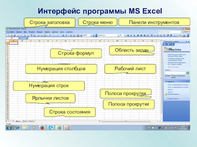 Интерфейс программы MS Excel Строка заголовка Строка меню Панели инструментов