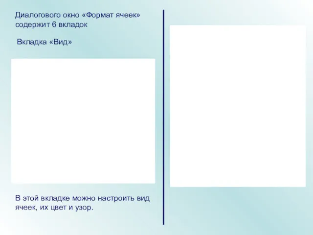 Диалогового окно «Формат ячеек» содержит 6 вкладок Вкладка «Вид» В