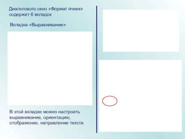 Диалогового окно «Формат ячеек» содержит 6 вкладок Вкладка «Выравнивание» В