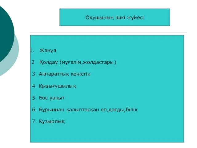 Оқушының ішкі жүйесі Жанұя Қолдау (мұғалім,жолдастары) 3. Ақпараттық кеңістік 4.