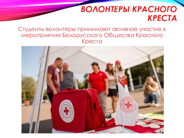 ВОЛОНТЕРЫ КРАСНОГО КРЕСТА Студенты-волонтеры принимают активное участие в мероприятиях Белорусского Общества Красного Креста