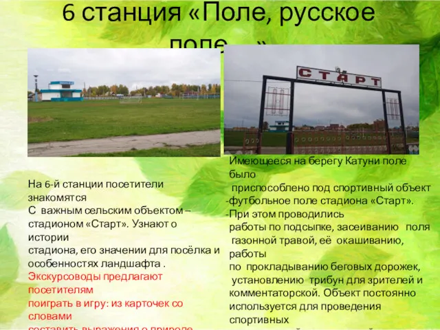 6 станция «Поле, русское поле…» Имеющееся на берегу Катуни поле было приспособлено под