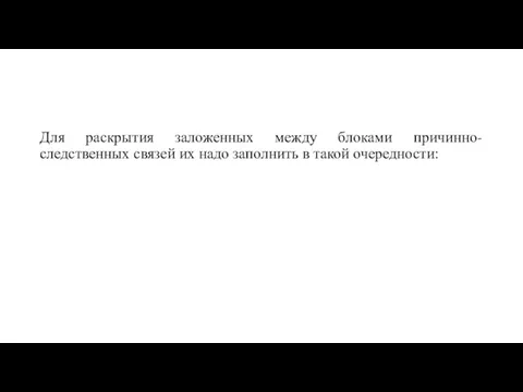 Для раскрытия заложенных между блоками причинно-следственных связей их надо заполнить в такой очередности: