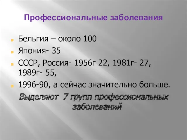 Профессиональные заболевания Бельгия – около 100 Япония- 35 СССР, Россия-