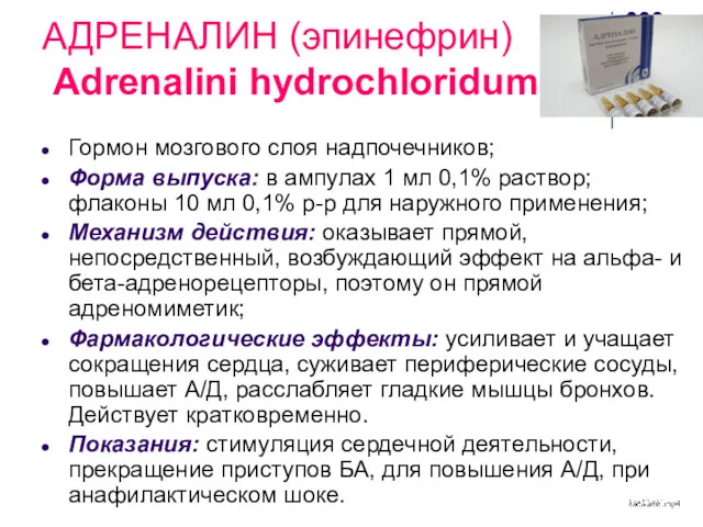 АДРЕНАЛИН (эпинефрин) Adrenalini hydrochloridum Гормон мозгового слоя надпочечников; Форма выпуска: в ампулах 1